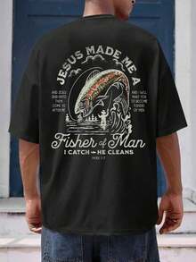 Camiseta de manga corta de cuello redondo con estampado de letras, talla estándar para hombre - Negro - Ver 4