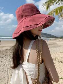 双面印花女士遮阳帽，夏季防紫外线防风宽檐全脸遮阳帽【防风绳颜色随机】 - 顏色 - 查看 1