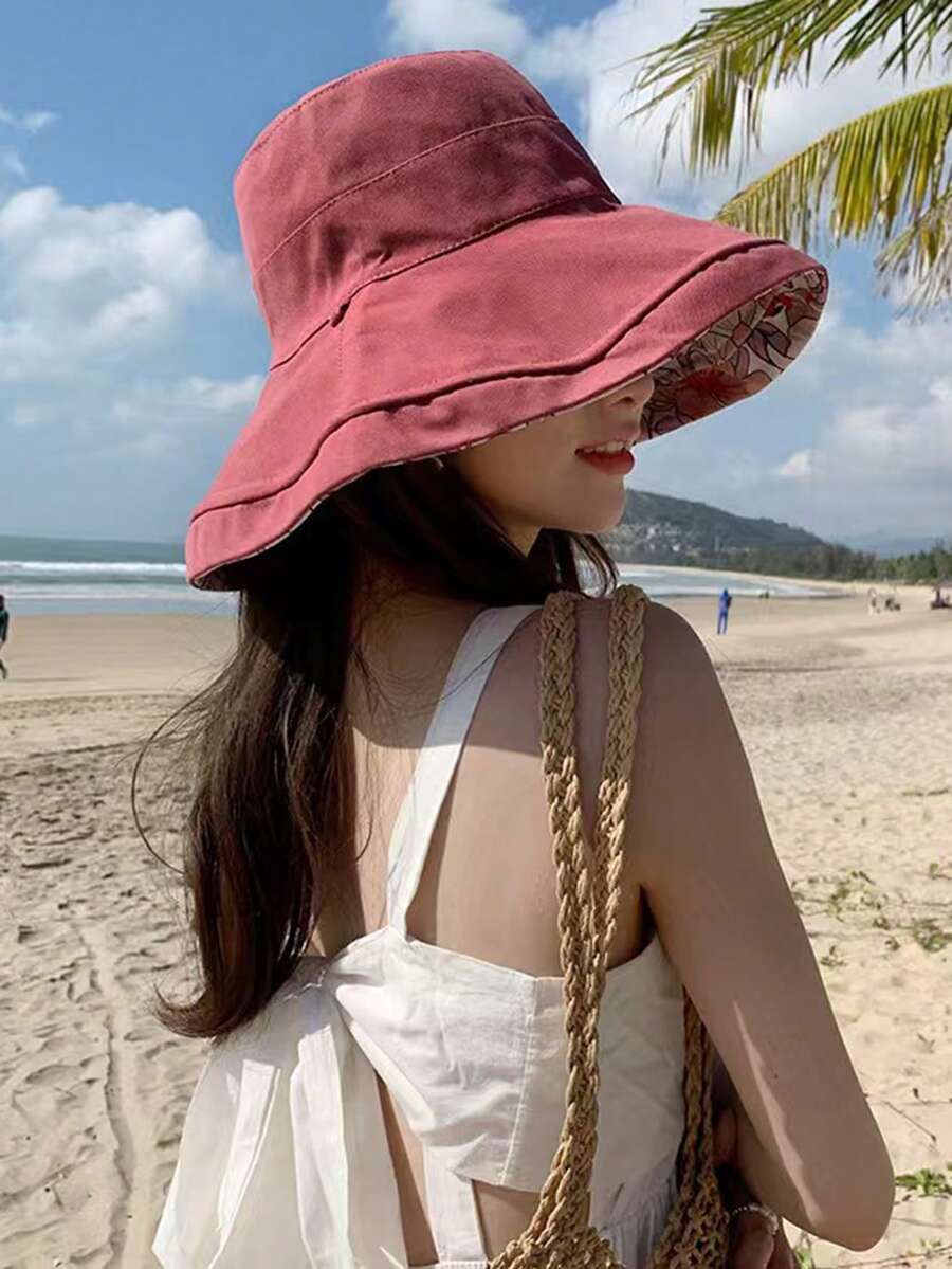 双面印花女士遮阳帽,夏季防紫外线防风宽檐全脸遮阳帽【防风绳颜色随机】 - 顏色 - 查看 1
