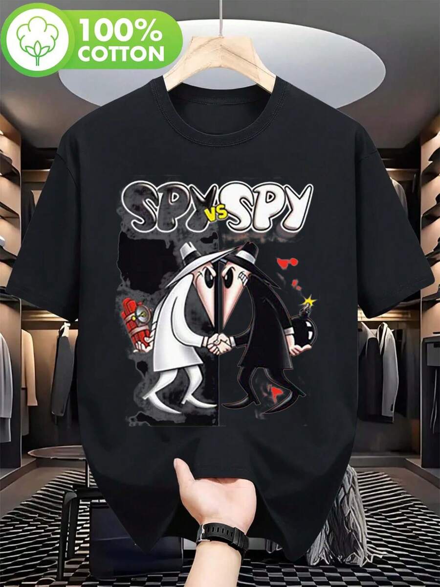 Camiseta de hombre con diseño navideño de Spy vs. Spy - Fabricada con material 100% de alta calidad, esta camiseta de manga corta y cuello redondo presenta costuras de doble aguja y un diseño de espía de dibujos animados en blanco y negro.Es una camisa casual de corte regular, perfecta para el Día de San Valentín y el Día del Padre. - Negro - Ver 1