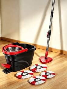 1 Set Spin Mop And Bucket With Foot Pedal Wringer, 360° Rotating Mop System With 4 Microfiber Mop Heads, 135cm Extended Handle Spinning Mop For Floor Cleaning, Red & Black Household Cleaning Supplies - 1個拖把桿+1個腳拖把桶子+4個拖把布 - 查看 6