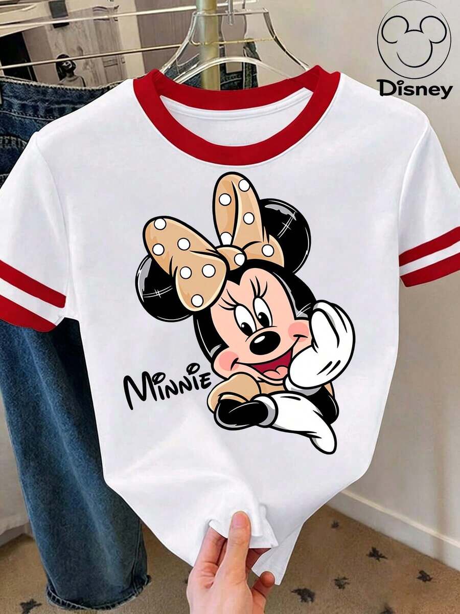 [Disney Official Authorization] Women's Casual Short Sleeve Round Neck Graphic Tee Top, Stylish Knitted Fabric T-Shirt With Print For Everyday Wear Disney Land .A T-Shirt With A Minnie Mouse Polka Dot Bow And Handwritten "Minnie" Printed On It.Cartoon Loose Fit Versatile Couple And Family Matching Round Neck Short Sleeve T-Shirt Top - trắng - Xem 1