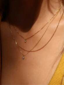 1pc Fashionable Multilayer Necklace With Gold-Color Cubic Zirconia Pendant, Suitable For Women's Daily Wear, Dates And Parties, Also A Perfect Gift For Friends - Yellow Gold - View 3