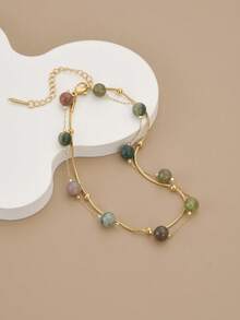 1 pieza Tobillera/Pulsera de acero inoxidable de doble capa con perlas de moda, joyería dorada, joyería de verano para mujer, accesorio, joyería occidental, accesorio de playa para mujer, regalo, regalo de cumpleaños - Amarillo Oro - Ver 5