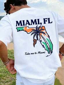 1 pz T-shirt oversize casual in cotone stile retrò, top unisex con grafica di palma di Miami Florida sul retro per spiaggia, estate e viaggi - Bianco - Visualizzare 7