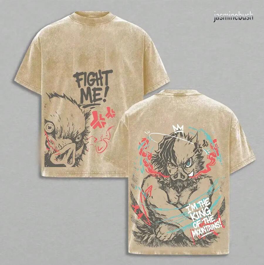 Hashibira Men's Graphic Tees I Am The King Of The Mountain, Acid Washed Cotton Castle Design T-Shirt, Soft Casual Sleeve Style Clothing, Gift For Fans. - 杏色 - 查看 1