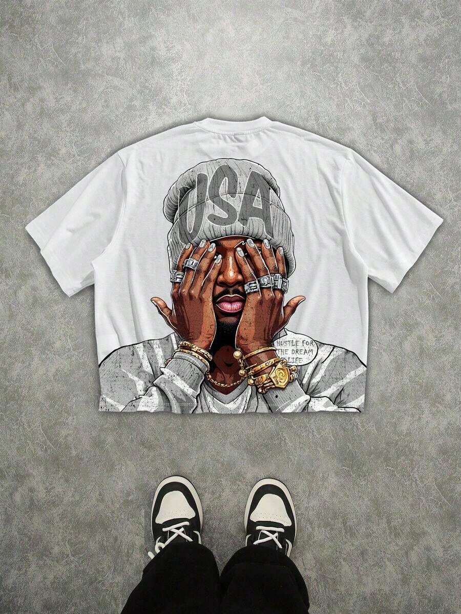 Camiseta Corta Holgada Manfinity Roghcode de Estilo Hip Hop Urbano con Estampado Completo, Ideal para Verano, Tops Cortos para Hombre - Blanco - Ver 1
