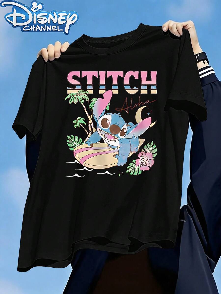 Disney Men's Tropical Print T-Shirt By Stitch From Lilo & Stitch, Designed With A Minimalist And Versatile Fashion Approach, Features A Crew Neck And Is Made From Twill Fabric, Perfect For Casual Summer Wear. - màu đen - Xem 1