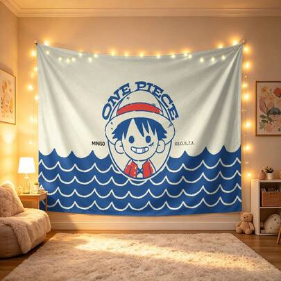  MINISO One Piece Monkey D. Luffy Wall Tapestry, Cute Cartoon Luffy With Blue Ocean Wave Print, Soft Lightweight Fabric For Bedroom Living Room And Dorm Decor