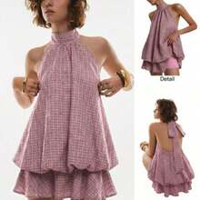 . .  Vestido corto de verano para mujer con cuello halter, espalda descubierta y volantes con estampado de cuadros - Rosa - Ver 1