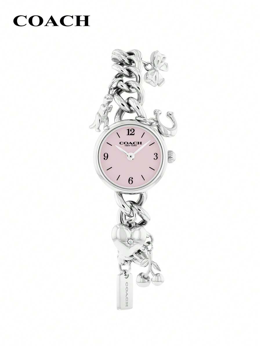 Coach IRIS Octagram Pendant Necklace Watch For Women Round Dial Quartz Watch With Star Charm - Silver and Pink - View 1