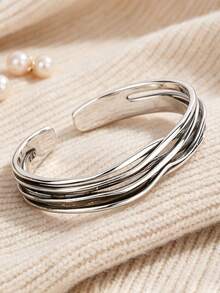 1 Peça Bracelete Aberto Vintage Clássico de Estilo Geométrico Desgastado, Multicamadas, Linha Minimalista, Acessório de Pulso, Decoração Versátil e Elegante para Homens, Presente Diário para Amigos - Prata - Visão 1