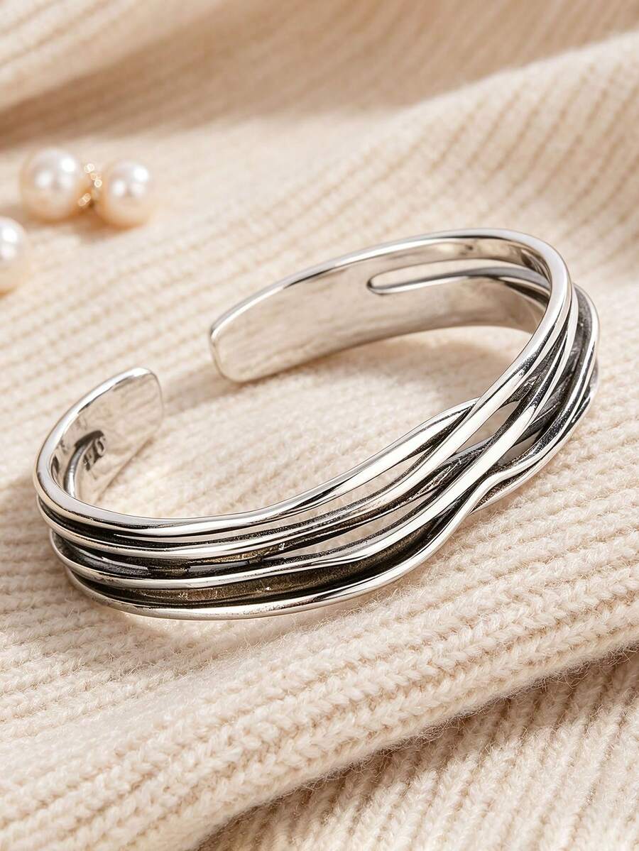 1 Peça Bracelete Aberto Vintage Clássico de Estilo Geométrico Desgastado, Multicamadas, Linha Minimalista, Acessório de Pulso, Decoração Versátil e Elegante para Homens, Presente Diário para Amigos - Prata - Visão 1
