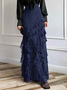 Vestido de verano para mujer Vellofy, hecho de tela ligera, transpirable y cómoda, con diseño de volantes en el bajo y decoración con estampado de lunares - Azul marino - Ver 5