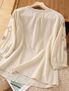 Regalo para mamá Blusa con bordado y volantes, camisa de manga 3/4 holgada y abullonada adecuada para uso diario, vacaciones y reuniones familiares en verano - Albaricoque - Ver 2