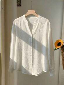 Blusa 2026 de mujer de estilo minimalista y preppy, de manga larga, cuello en V pequeño, con detalles de smocking y tela arrugada, de corte holgado y semitransparente, para oficina y uso diario - Blanco - Ver 5