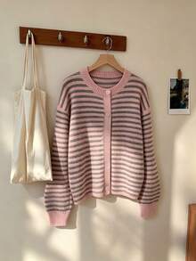 Soft Pink & Brown Striped Cardigan, Round Neck Loose Contrast Color Knit Jacket, Commuting Casual Versatile Top Fall - Multicolor - View 2