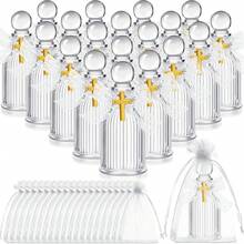 Juego de 100 piezas de botellas de agua bendita de vidrio, incluye 25 cruces doradas, 25 botellas de agua bendita, 25 bolsas de organza transparentes, 25 lazos, adecuado para regalos de comunión, bautizo, boda y regalos de fiesta temática - A - Ver 9