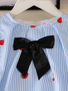 2pcs/Set Toddler Girls' Summer Outfit - Blue & White Striped, Strawberry Print, Bow Decor Sleeveless Top And Shorts, Suitable For Vacation, Casual Outings, Sister Matching, Family Events, School Wear - Baby Blue - View 3