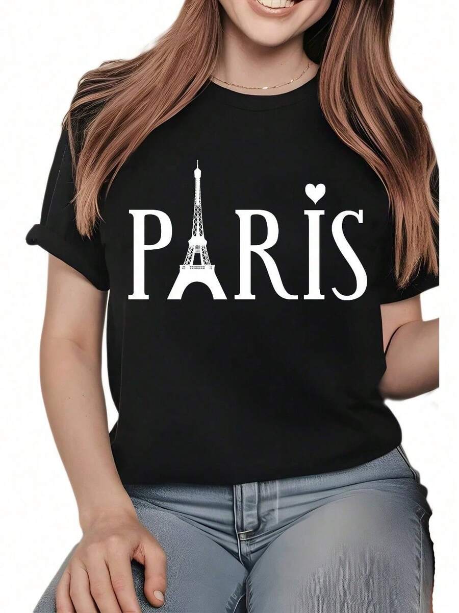 Camiseta con estampado gráfico de París para mujer Camiseta casual de manga corta 1 pieza 100% algodón pesado Cómodo cuello redondo, camisetas suaves y adorables Tops - Negro - Ver 1
