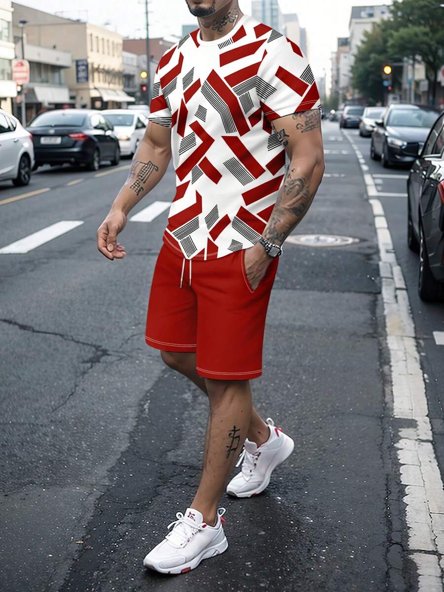 Men's Geometric Print Black Line Short Sleeve T-Shirt And Shorts Set, Minimalist Fashion, Suitable For Summer - Multicolor - View 1
