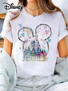 Disney Unisex Loose T-Shirt Official Authorization | Women's 100% Cotton Printed Short-Sleeve T-Shirt. Inspired By Watercolor Art, It Cleverly Combines The  Castle With S Iconic Ears To Create A Dreamy Visual Effect. The Gradient Rainbow Colors Present Soft Watercolor Brushstrokes, Paired With A Pink Polka-Dot Bow, As If Capturing The Magic Of The Park In An Instant. The Loose Fit Flatters All Body Types, Making It Versatile And Practical For Daily Outings, And It Is Also An Ideal Choice For Matching Outfits With Girlfriends.--Disneys Disneyland Paris The Magic Kingdom Disneyesque B6Holiday Gifts Valentine's Day Gifts Earth Day Gifts Oktoberfest Gifts Summer Bank Holiday Gifts - White - View 1