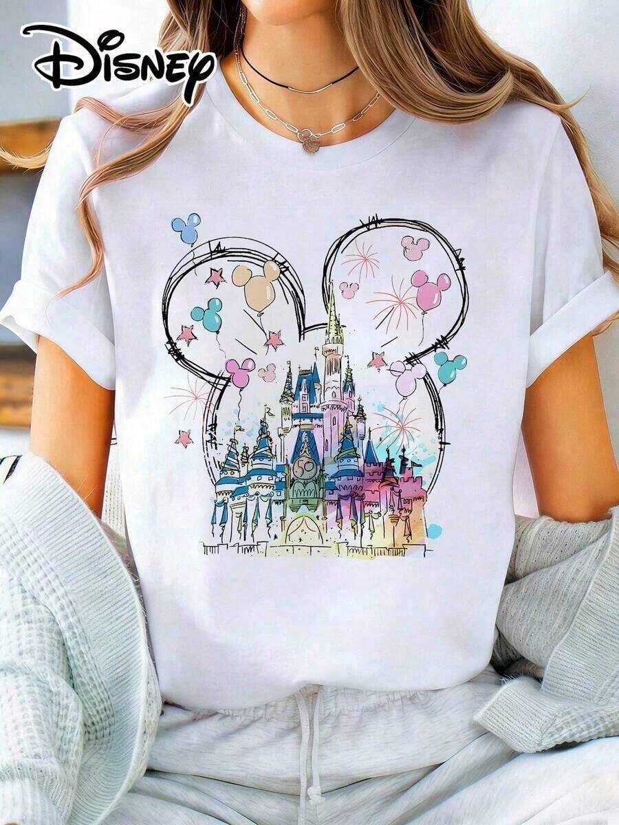 Disney Unisex Loose T-Shirt Official Authorization | Women's 100% Cotton Printed Short-Sleeve T-Shirt. Inspired By Watercolor Art, It Cleverly Combines The Castle With S Iconic Ears To Create A Dreamy Visual Effect. The Gradient Rainbow Colors Present Soft Watercolor Brushstrokes, Paired With A Pink Polka-Dot Bow, As If Capturing The Magic Of The Park In An Instant. The Loose Fit Flatters All Body Types, Making It Versatile And Practical For Daily Outings, And It Is Also An Ideal Choice For Matching Outfits With Girlfriends.--Disneys Disneyland Paris The Magic Kingdom Disneyesque B6Holiday Gifts Valentine's Day Gifts Earth Day Gifts Oktoberfest Gifts Summer Bank Holiday Gifts - White - View 1