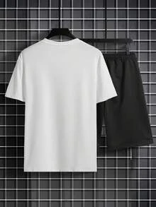 Simple Studio | 男士夏季极简复古印花圆领短袖休闲T恤和抽绳短裤套装 - 白色 - 查看 3