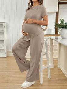 2 piezas Conjunto de top asimétrico y pantalones de unicolor casual de maternidad, verano - Caqui - Ver 7