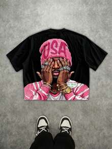 Camiseta Corta Holgada Manfinity Roghcode de Estilo Hip Hop Urbano con Estampado Completo, Ideal para Verano, Tops Cortos para Hombre - azul real - Ver 12