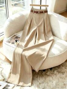 Pantalones de mujer de mezcla de algodón a rayas cómodos, de cintura alta, elegantes y de moda, de alta gama, con pliegues, cintura elástica, rectos, sueltos y de pierna ancha, adecuados para primavera/otoño, uso diario y versátiles - Caqui - Ver 2