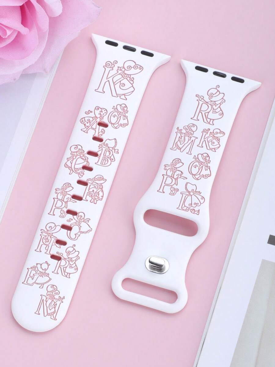 1條女款雕花矽膠錶帶,適用於Apple Watch 41mm 40mm 44mm 45mm 42mm 38mm 49mm 46mm,可愛小女孩字母圖案,柔軟休閒運動錶帶,適用於Apple Watch Series SE 11 10 9 8 7 6 5 4 3 2 1 Ultra,時尚雕花工藝智慧錶帶 - 白色錶帶配粉紅色字母 - 查看 1