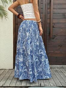 Women's Long Bohemian Print Skirt, Casual For Vacation And Everyday Wear, Spring/Summer - 海軍藍 - 查看 2