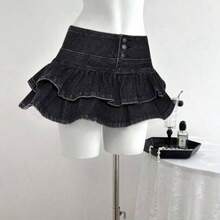 guang zhou mi qian shang mao  Minifalda de mezclilla con volantes en el bajo de unicolor para mujer - Negro01 - Ver 1