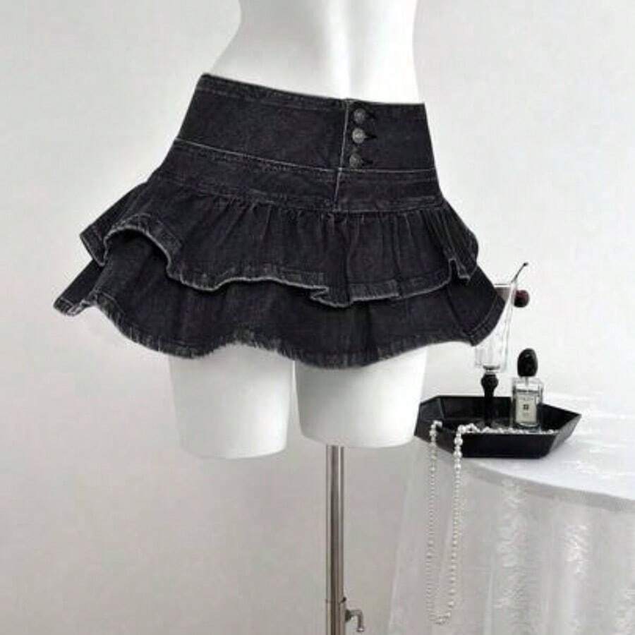 guang zhou mi qian shang mao Minifalda de mezclilla con volantes en el bajo de unicolor para mujer - Negro01 - Ver 1