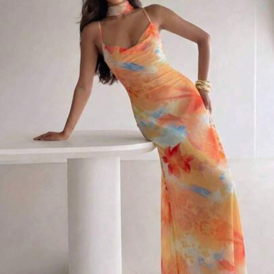Nuevo vestido con cuello drapeado sexy con espalda descubierta, estampado de malla con flores románticas y tirantes extra largos - Albaricoque - Ver 1