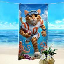 1条宠物猫咪足球图案沙滩巾，超强吸水速干浴巾，轻便柔软沙滩毯，适合沙滩、游泳、户外露营旅行，理想的沙滩必备品。 - 彩色 - 查看 2