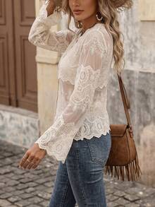 Bohemian Style V-Neck Ruffled Lace Button Down Shirt - Summer Sheer Flare Sleeve Casual Cover Up - Apricot - View 6