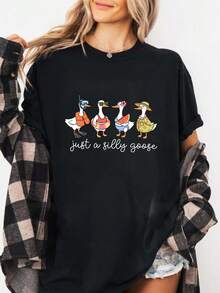 Women T Shirt Funny Print Just A Silly Goose Duck Design Cute And Playful Graphic Summer Wear Party Outfit Y2k Style High Quality Casual Top For Women Elegant And Whimsical Look Perfect For Beach Days And Fun Gatherings  Fashion Statement - 黑色 - 查看 1