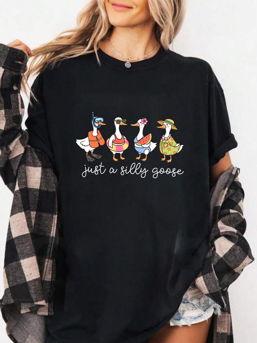 Women T Shirt Funny Print Just A Silly Goose Duck Design Cute And Playful Graphic Summer Wear Party Outfit Y2k Style High Quality Casual Top For Women Elegant And Whimsical Look Perfect For Beach Days And Fun Gatherings Fashion Statement - 黑色 - 查看 1