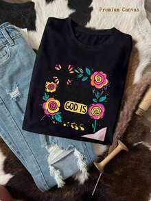 1 Women's Rugby Match Day Print T-Shirt, Bohemian Style, Retro Crew Neck, Short Sleeve, Ideal As A Casual Gift, With 'In The Waiting, God Is Working' Print With Cross And Flowers On A Cowhide Leather Background - Women's Printed Crew Neck Short Sleeve T-Shirt - Vintage Street Style, Unisex, Loose Fit, Cotton, Short Sleeve, Crew Neck, Blouses For Women. Casual Blouses For Ladies. - 黑色 - 查看 7