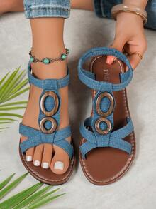 Giày bệt nữ đính hạt chống trượt đa năng, sandal Roman vải canvas thoải mái đi ngoài trời, sandal bệt hở ngón phong cách Bohemian cho mùa hè, sandal xỏ chân đi biển thường ngày cho nữ dịp lễ - Xanh denim - Xem 1