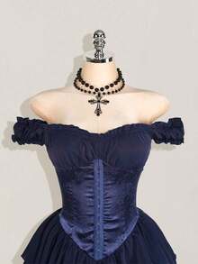 sfvsSHEIN ICON Vestido corto de gasa con volantes en el hombro, cintura fruncida y estampado jacquard para mujer, elegante para fiestas y uso casualvfdw OUU7 - Azul marino - Ver 3