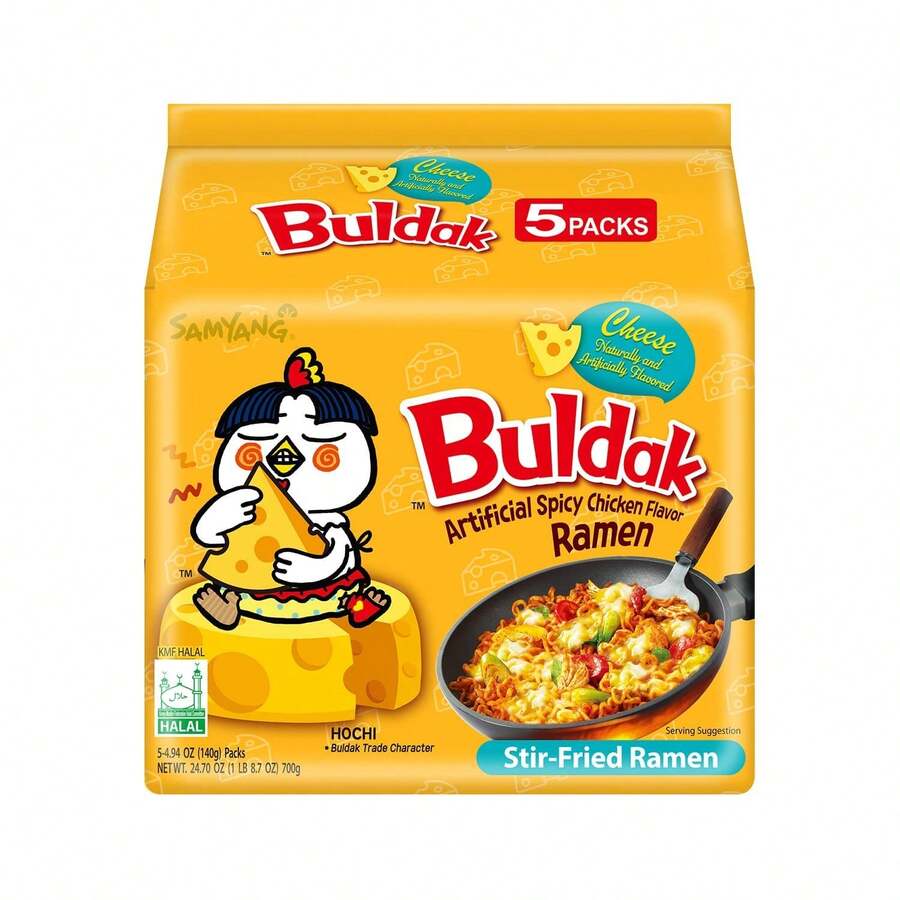 Samyang Buldak Spicy Ramen, Hot Chicken Ramen, Korean Stir-Fried Instant Noodle, Cheese, 1 Bag With 5 Pack - 4.94 Ounce (Pack Of 5) - View 1