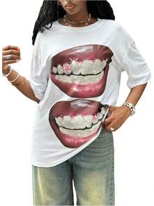 Y2K - Women's T-Shirts With Lip Print, Round Neck, Short Sleeve, Loose Fit And Versatile Shirt - Blanco C - 查看 6