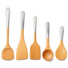 Wooden Kitchen Utensil Set 5Piece  Beechwood Cooking Utensils With Silver Handles - View 2