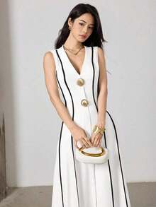 Vestido elegante de verano para mujer con cuello en V y dobladillo de contraste sin mangas - Verde - Ver 8