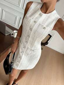 Vestido de tweed con botones de perla elegante para mujer - Multicolor - Ver 5