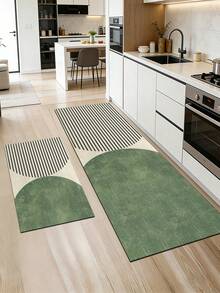 1pc Soft Rubber Absorbent Kitchen Mat, 3.5mm Thick Absorbent Rug For Large Or Small Areas, Modern Artistic Geometric Rug With Semi-Circle Texture Blocks And Parallel Lines, Vintage Distressed Green With Crisp Black Lines, Suitable For Kitchen, Living Room, Bedroom, Kids Room, Mouse Pad, Bathroom, Entryway, Outdoor - Multicolor - View 2