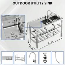 Fregadero utilitario doble de acero inoxidable 47'' para lavandería y cocina - Con estante de almacenamiento, tabla escurridora, grifo de agua fría/caliente, diseño independiente - 47*18*32 pulgadas - Ver 5